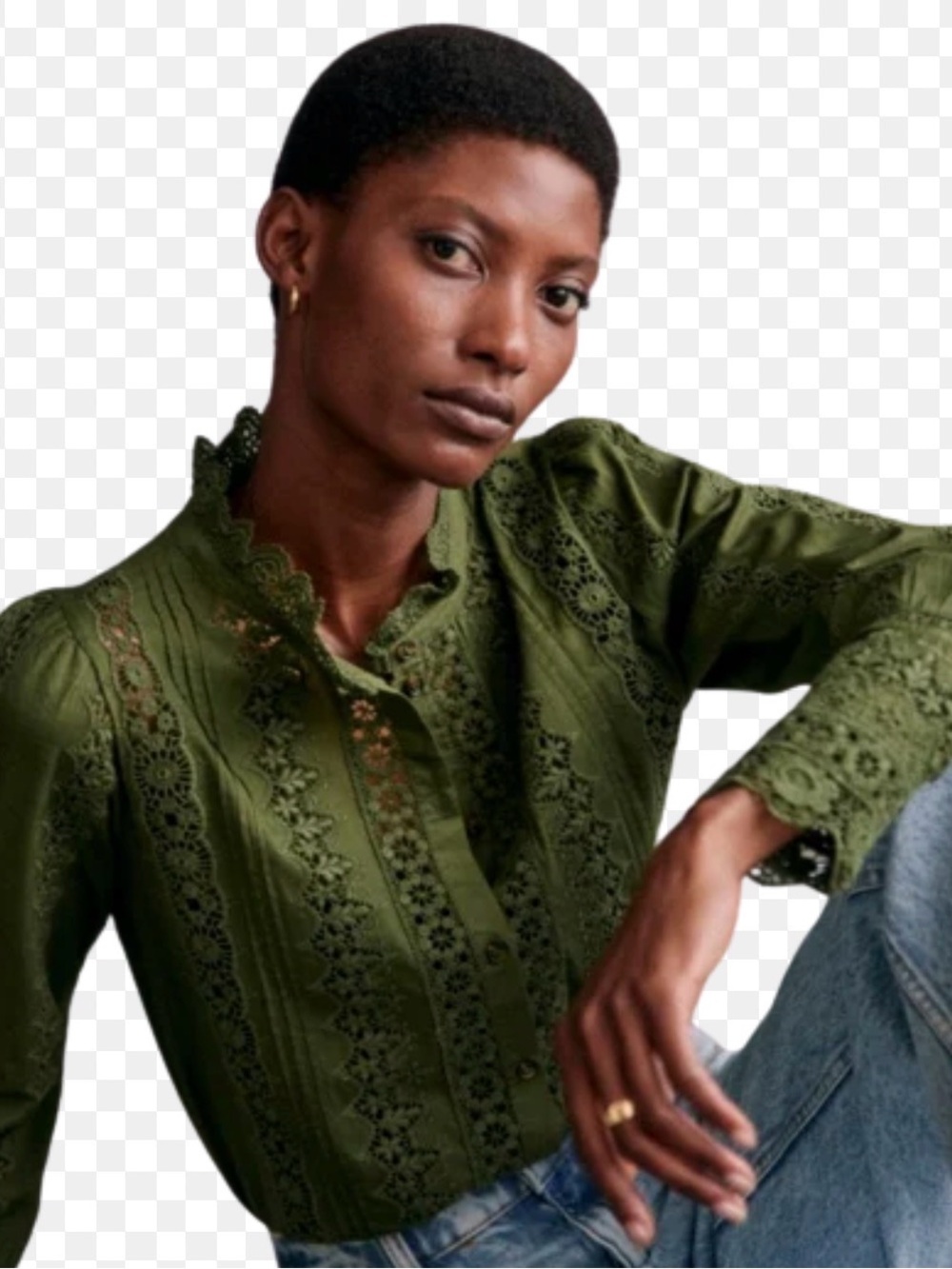 Sezane Olive Green Lace-Panel Button-Down Blouse - Picture 3 of 4